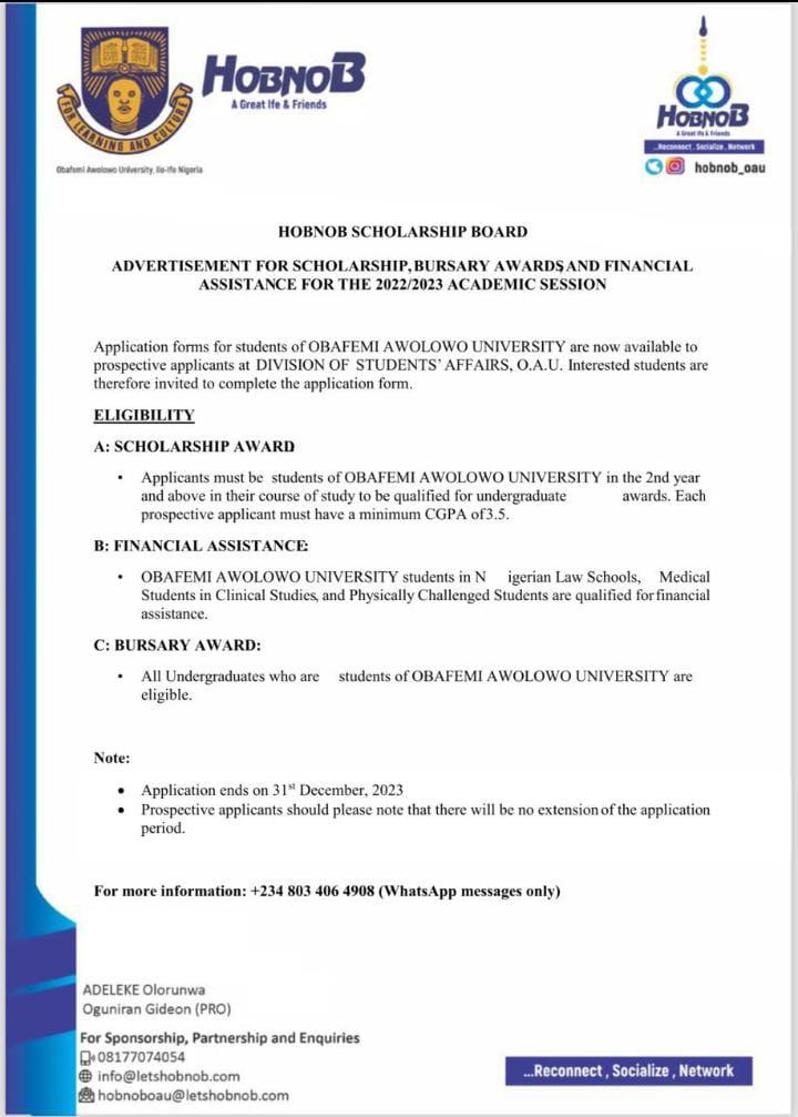 OAU Hobnob Scholarship Official Letter